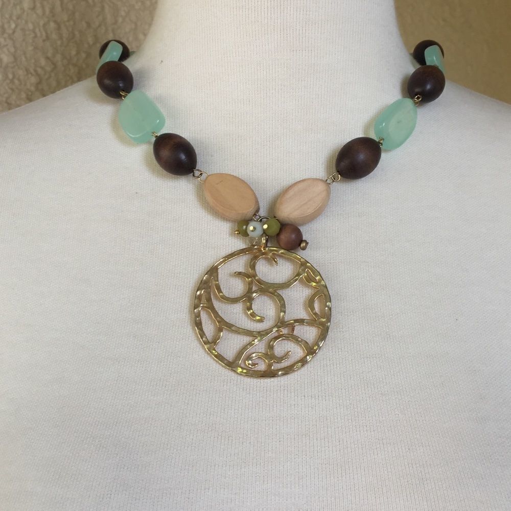 Necklace Wood and Stone w/Gold Brown and Green